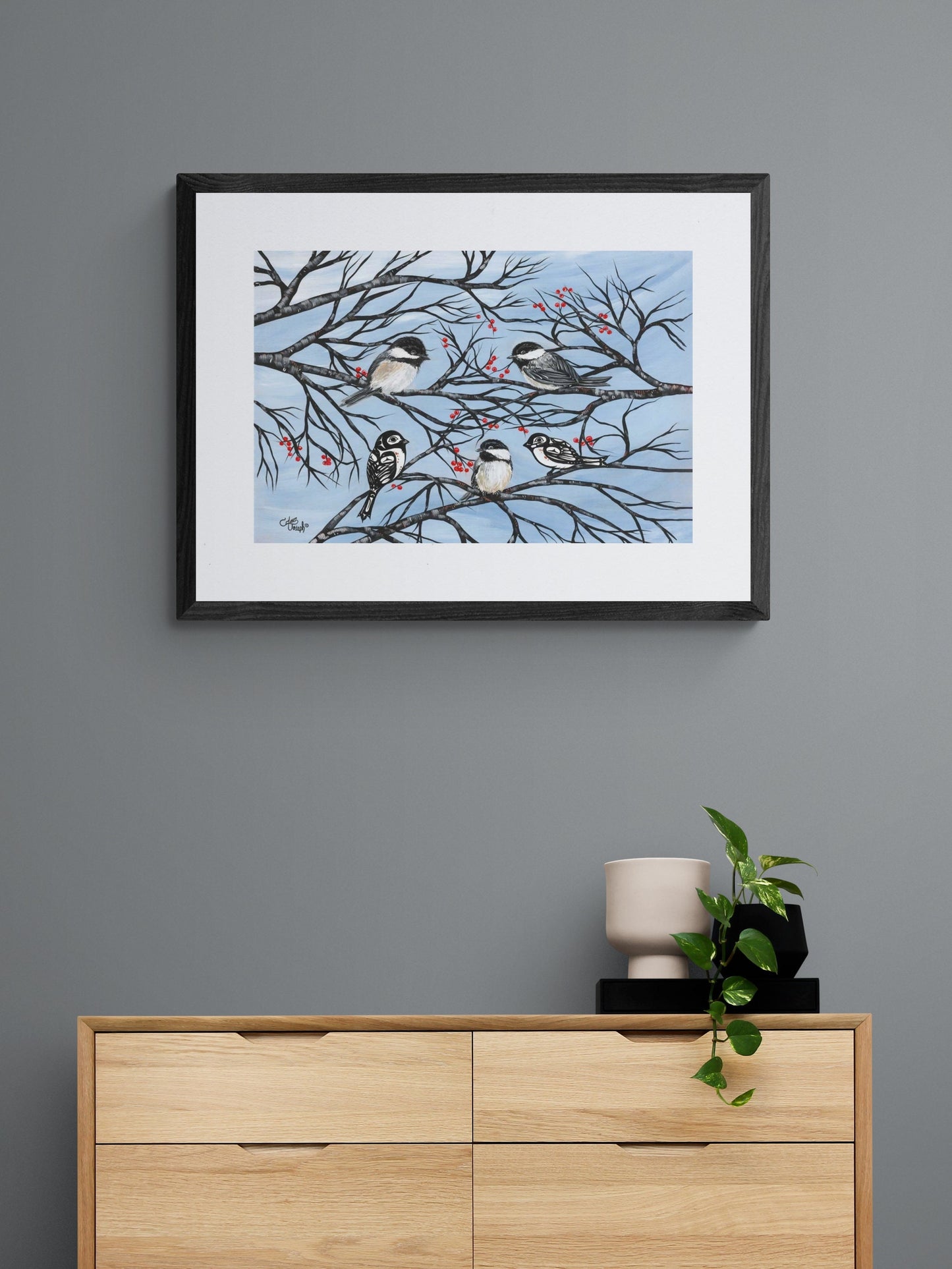 Chickadees By Carla Joseph, Indigenous Art Print, First Nations, Native Americans, Cree, Métis, Framed Art