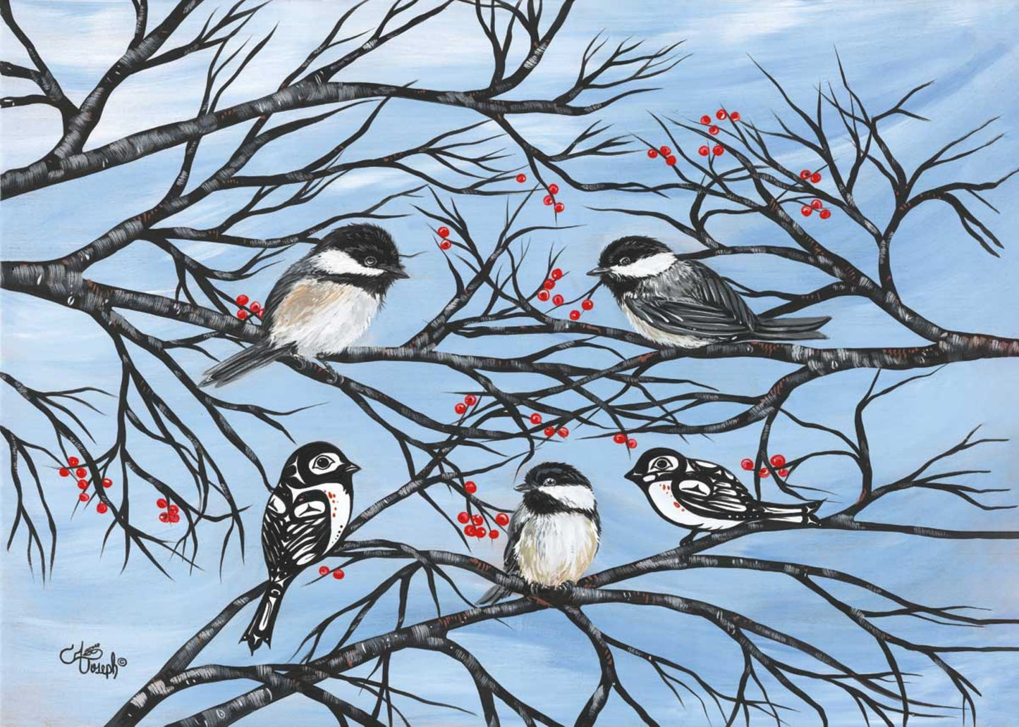 Chickadees By Carla Joseph, Indigenous Art Print, First Nations, Native Americans, Cree, Métis, Framed Art