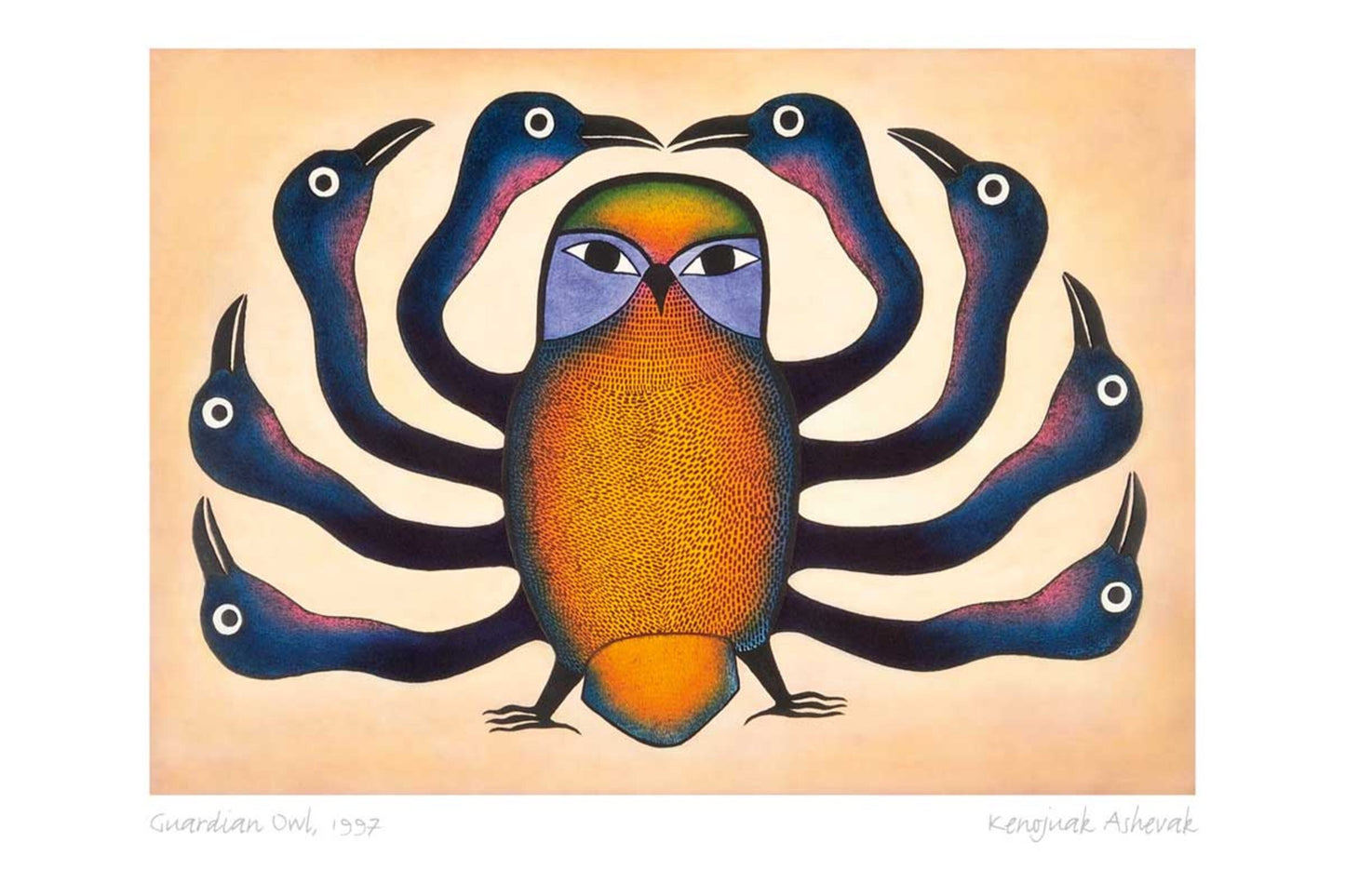 Guardian Owl, 1997 by Kenojuak Ashevak, Indigenous Inuit Art Card, Aboriginal Decor, Framed Art Card