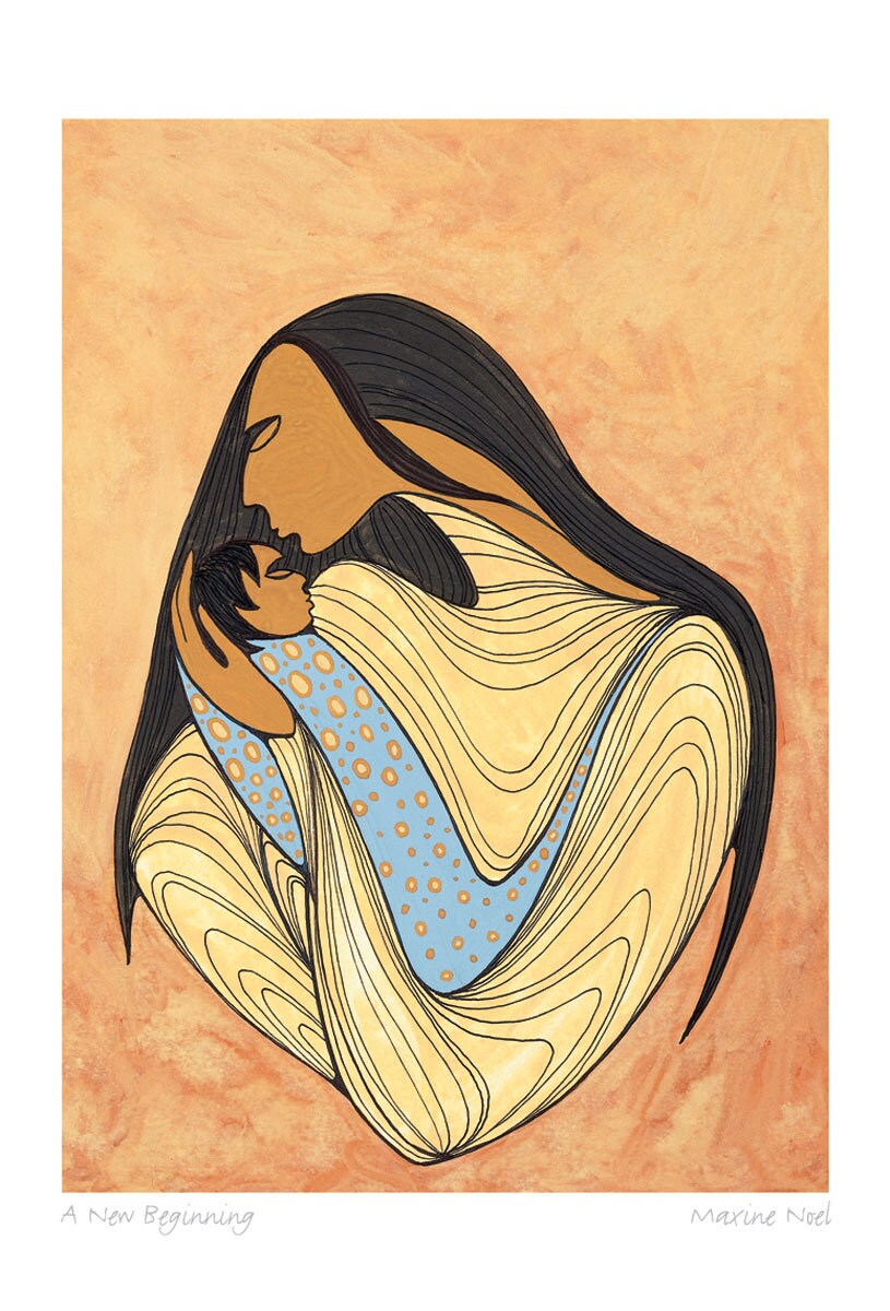 A New Beginning by Maxine Noel, Indigenous Art Print, First Nations, Native Americans, Framed Art Card, Mother and Child
