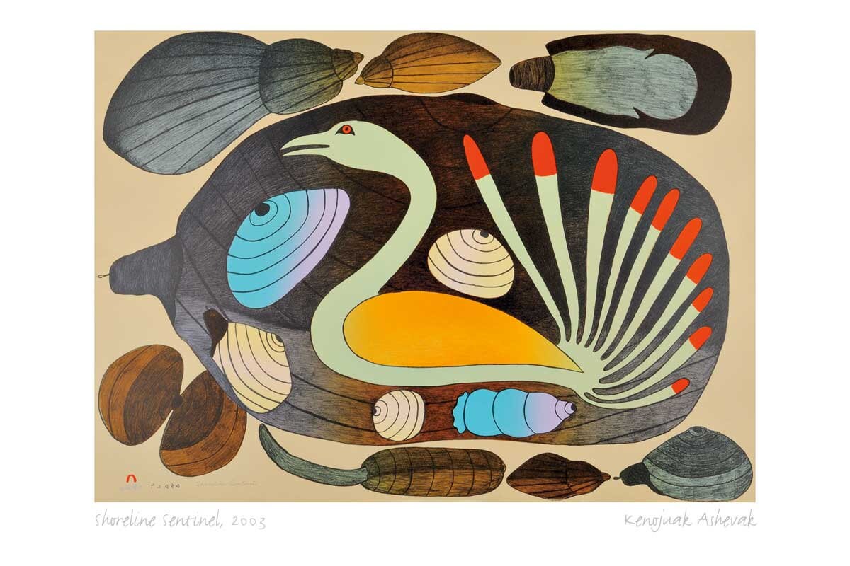 Shoreline Sentinel, 2003 by Kenojuak Ashevak, Indigenous Inuit Art Card, Aboriginal Decor, Framed Art Card