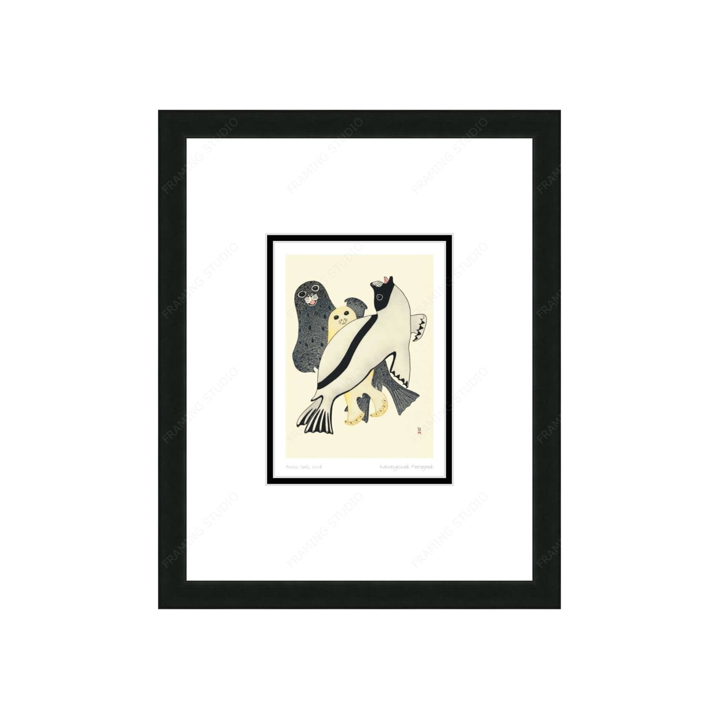 Arctic Seals, 2008 by Kananginak Pootoogook, Indigenous Art Card, Inuit Framed Art Card
