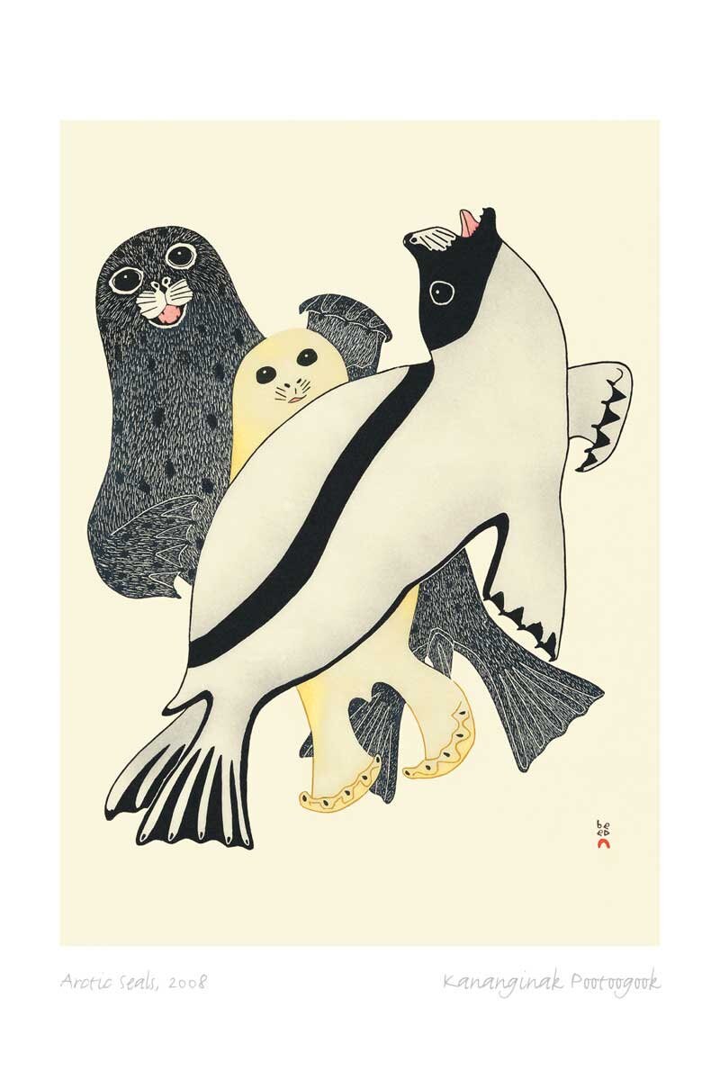 Arctic Seals, 2008 by Kananginak Pootoogook, Indigenous Art Card, Inuit Framed Art Card