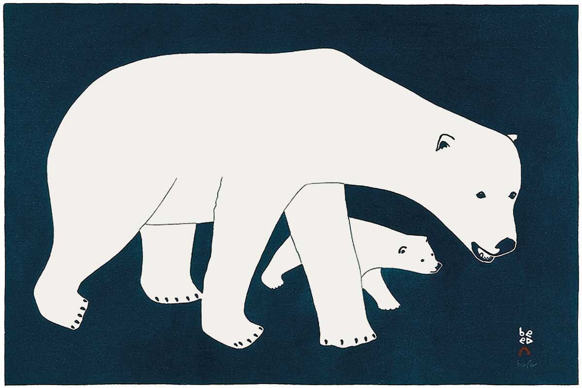 Bears On Blue by Kananginak Pootoogook, Indigenous Art Card, Inuit Framed Art Card