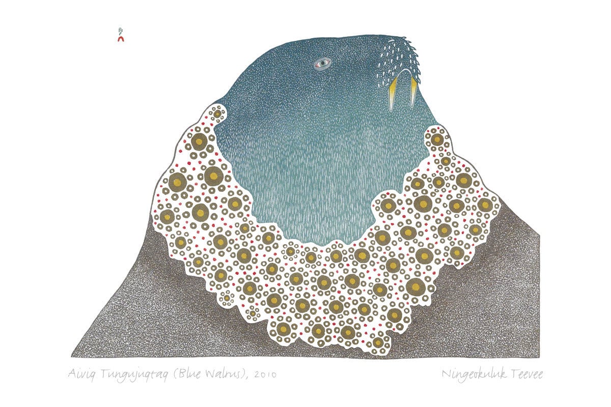 Aiviq Tungujuqtaq (Blue Walrus), 2010 by Ningiukulu Teevee, Indigenous Inuit Art Card, Aboriginal Decor, Framed Art Card