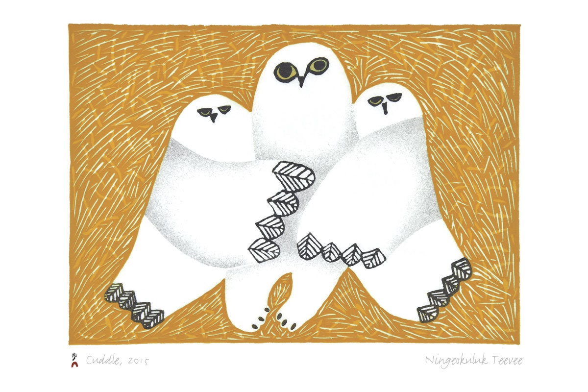 Cuddle, 2015 by Ningiukulu Teevee, Indigenous Inuit Art Card, Aboriginal Decor, Framed Art Card