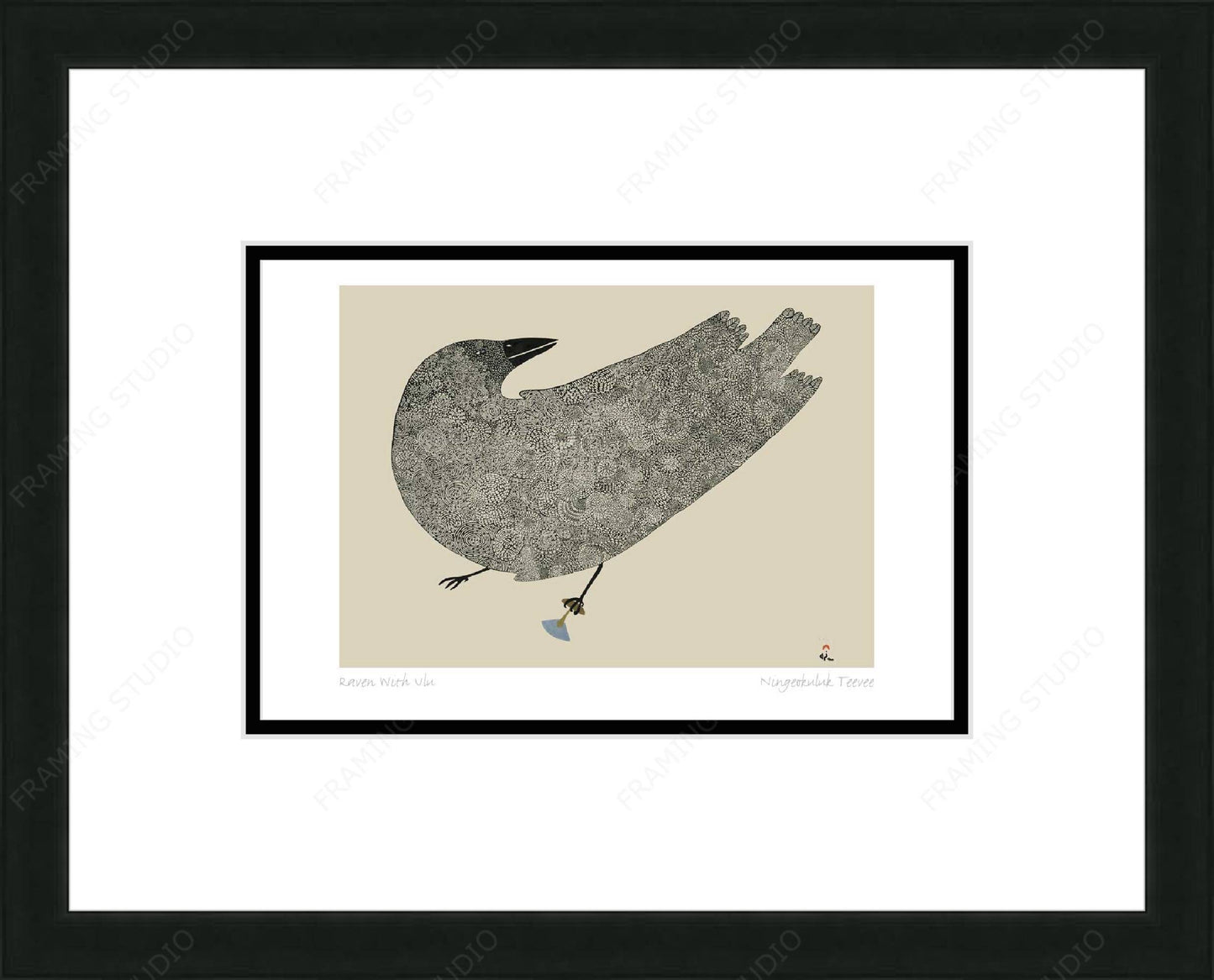 Raven With Ulu by Ningiukulu Teevee, Indigenous Inuit Art Card, Aboriginal Decor, Framed Art Card
