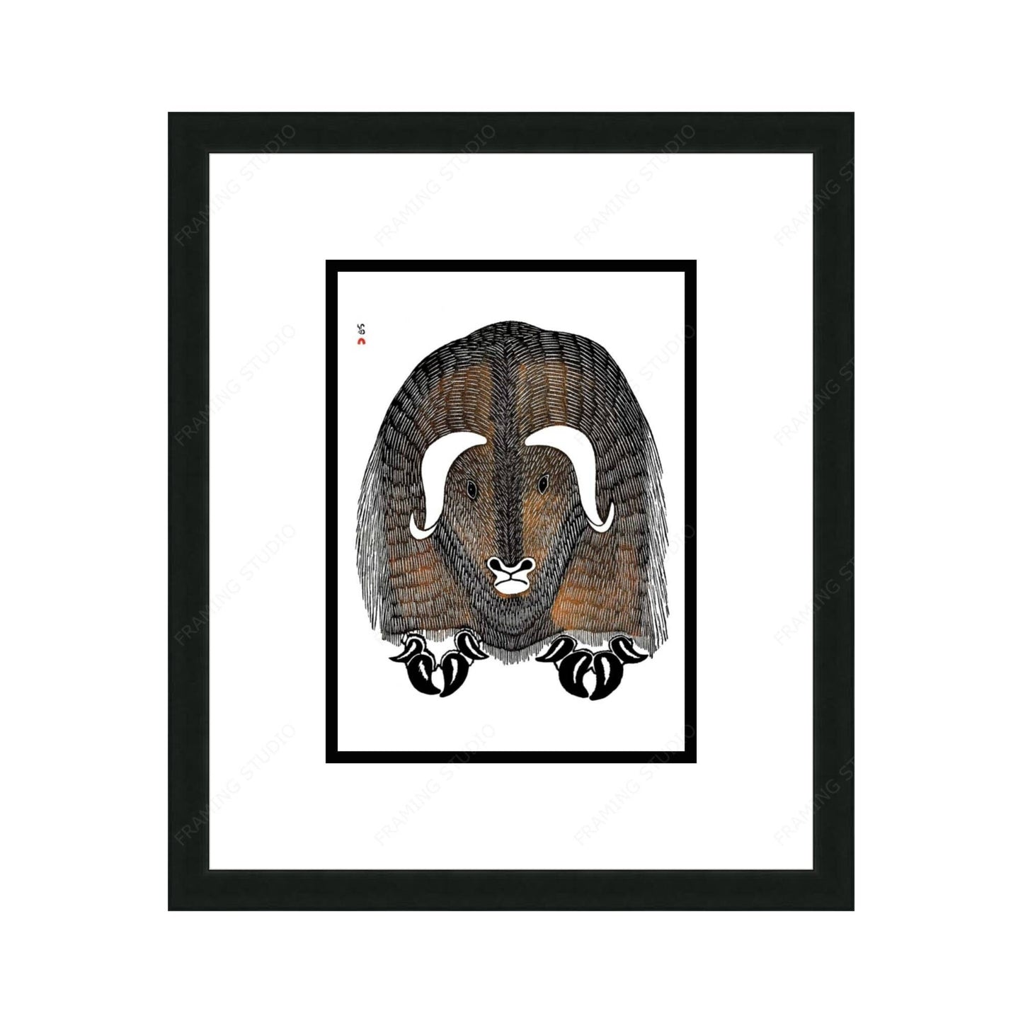 Omingmungjuaq (Humongous Musk Ox), 1977 by Kananginak Pootoogook, Indigenous Art Card, Inuit Framed Art Card
