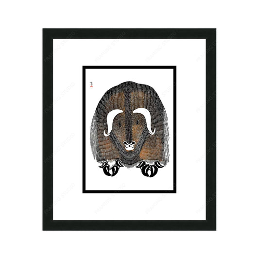 Omingmungjuaq (Humongous Musk Ox), 1977 by Kananginak Pootoogook, Indigenous Art Card, Inuit Framed Art Card
