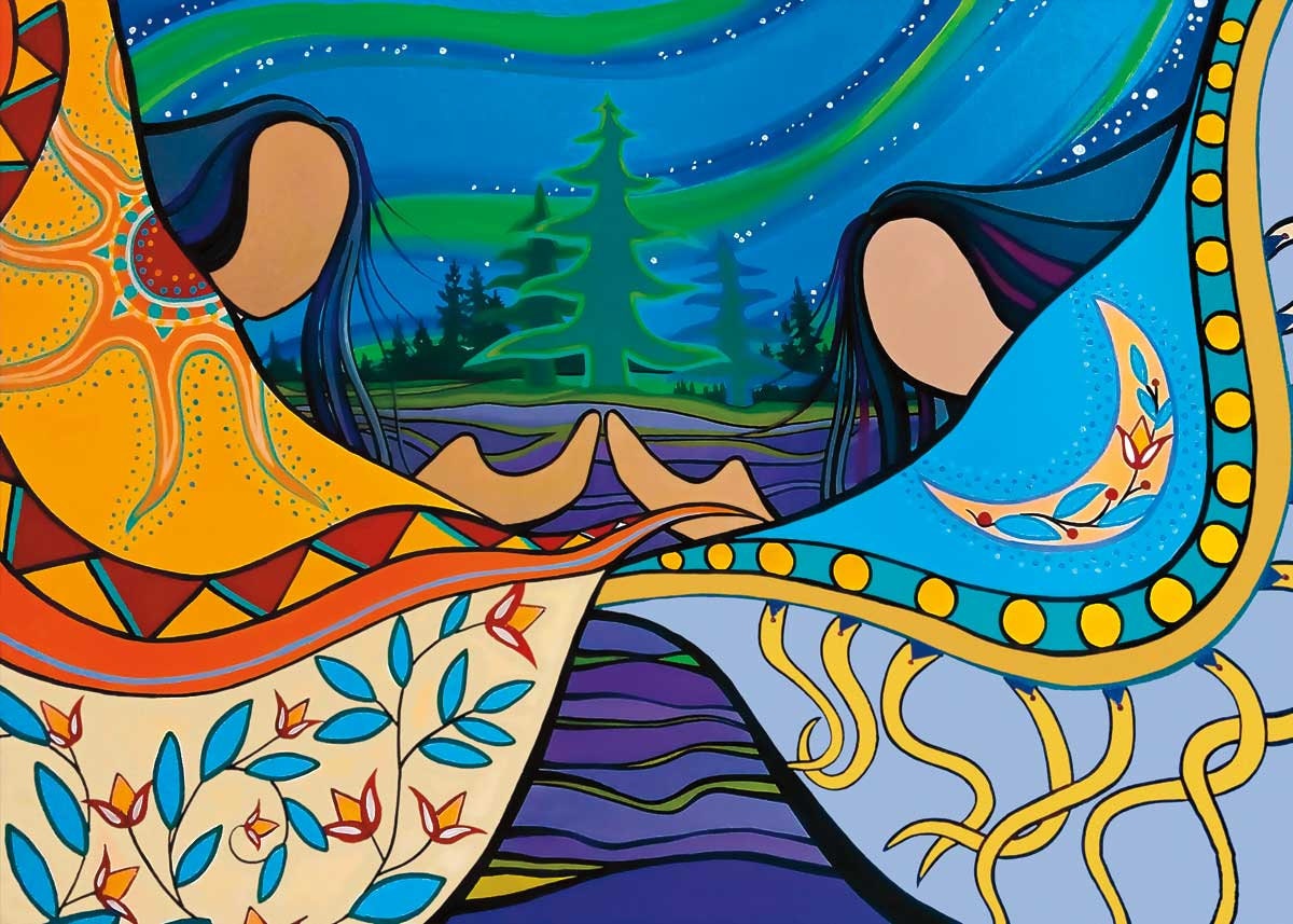 Two Sisters Three Skies by Pam Cailloux, Indigenous Art Card, Framed Art Card, Métis Artist