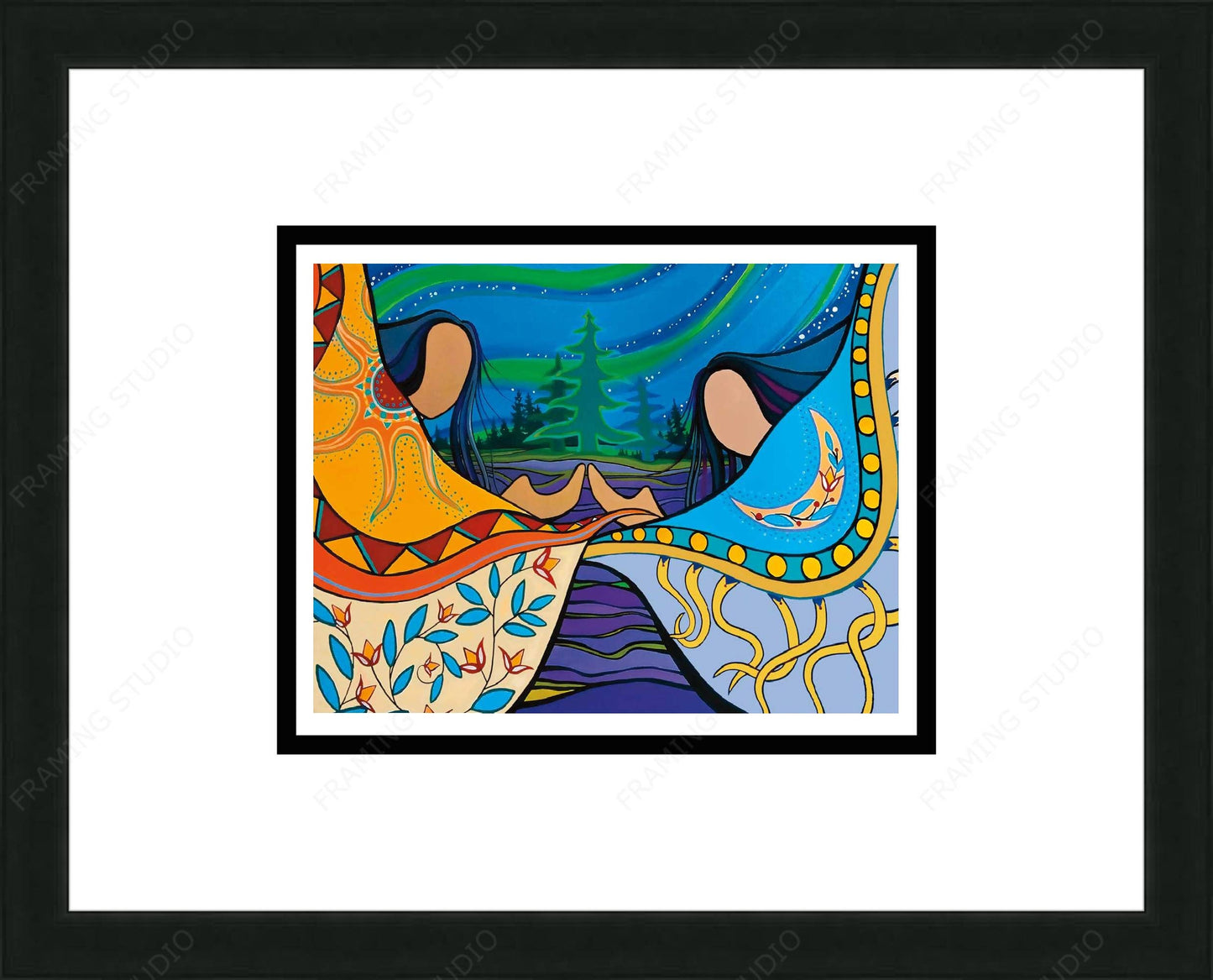 Two Sisters Three Skies by Pam Cailloux, Indigenous Art Card, Framed Art Card, Métis Artist