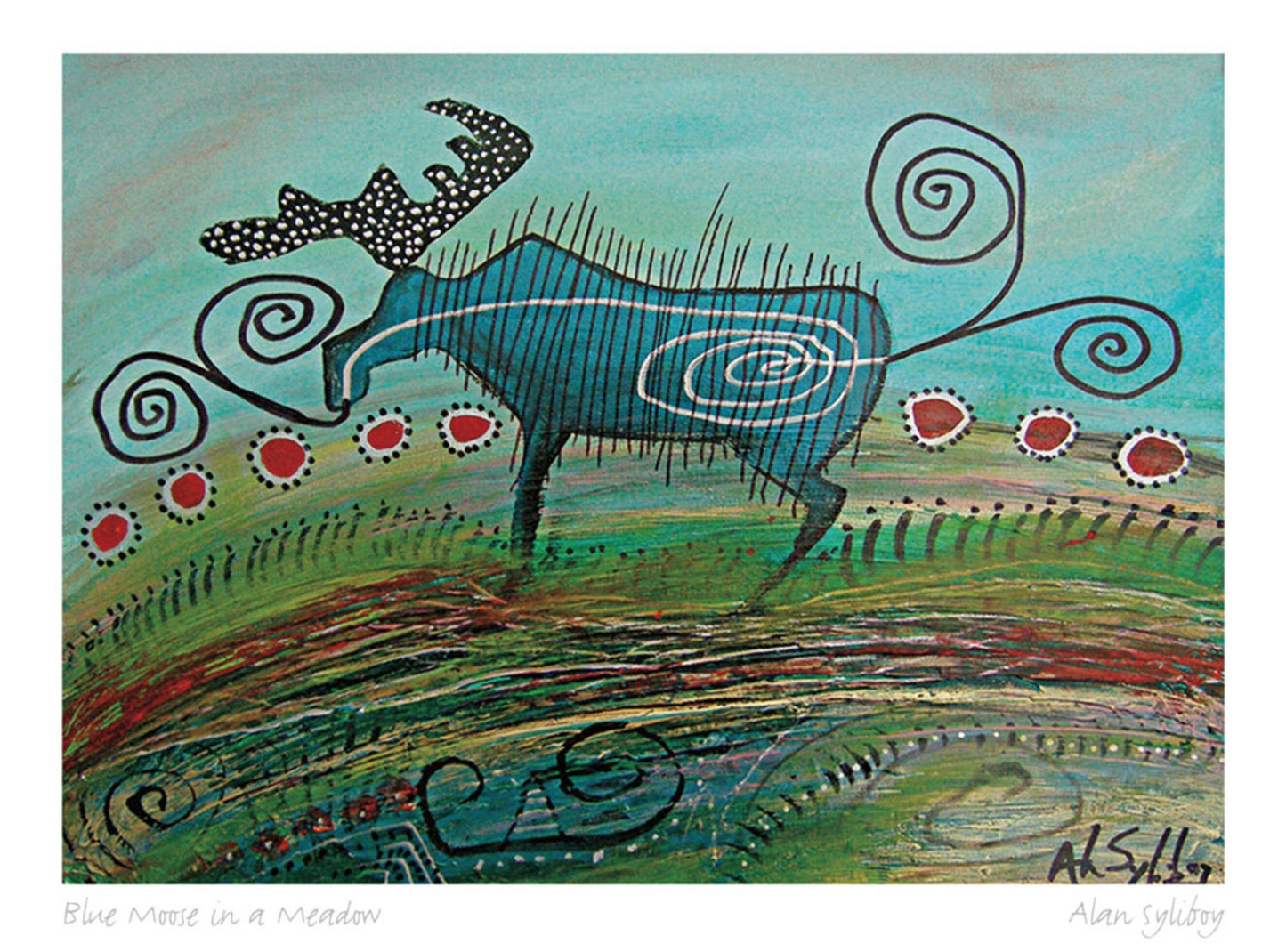 Blue Moose In A Meadow by Alan Syliboy, Indigenous Art Card, Framed Art Card, Mi’kmaq Artist