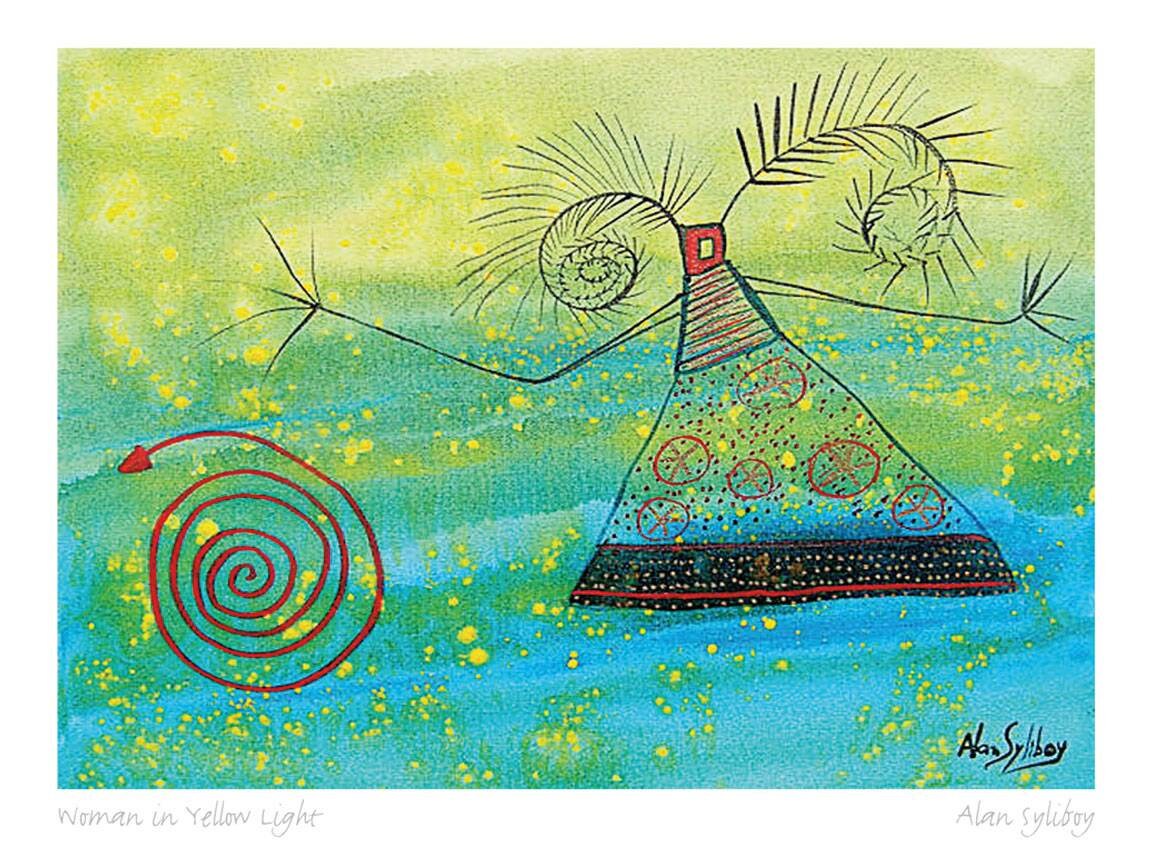 Woman In Yellow Light by Alan Syliboy, Indigenous Art Card, Framed Art Card, Mi’kmaq Artist