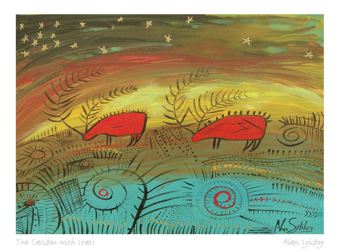 Two Caribou With Stars by Alan Syliboy, Indigenous Art Card, Framed Art Card, Mi’kmaq Artist