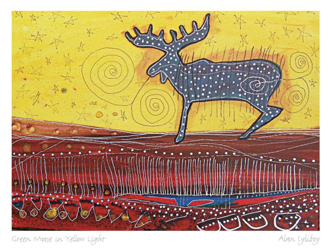 Green Moose In Yellow Light by Alan Syliboy, Indigenous Art Card, Framed Art Card, Mi’kmaq Artist