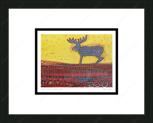 Green Moose In Yellow Light by Alan Syliboy, Indigenous Art Card, Framed Art Card, Mi’kmaq Artist