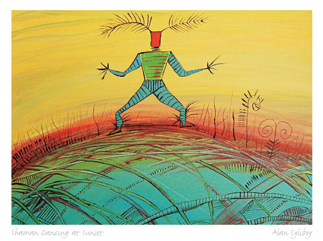 Shaman Dancing At Sunset by Alan Syliboy, Indigenous Art Card, Framed Art Card, Mi’kmaq Artist