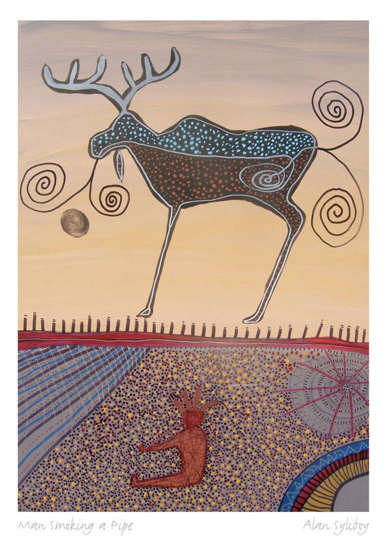 Man Smoking A Pipe by Alan Syliboy, Indigenous Art Card, Framed Art Card, Mi’kmaq Artist