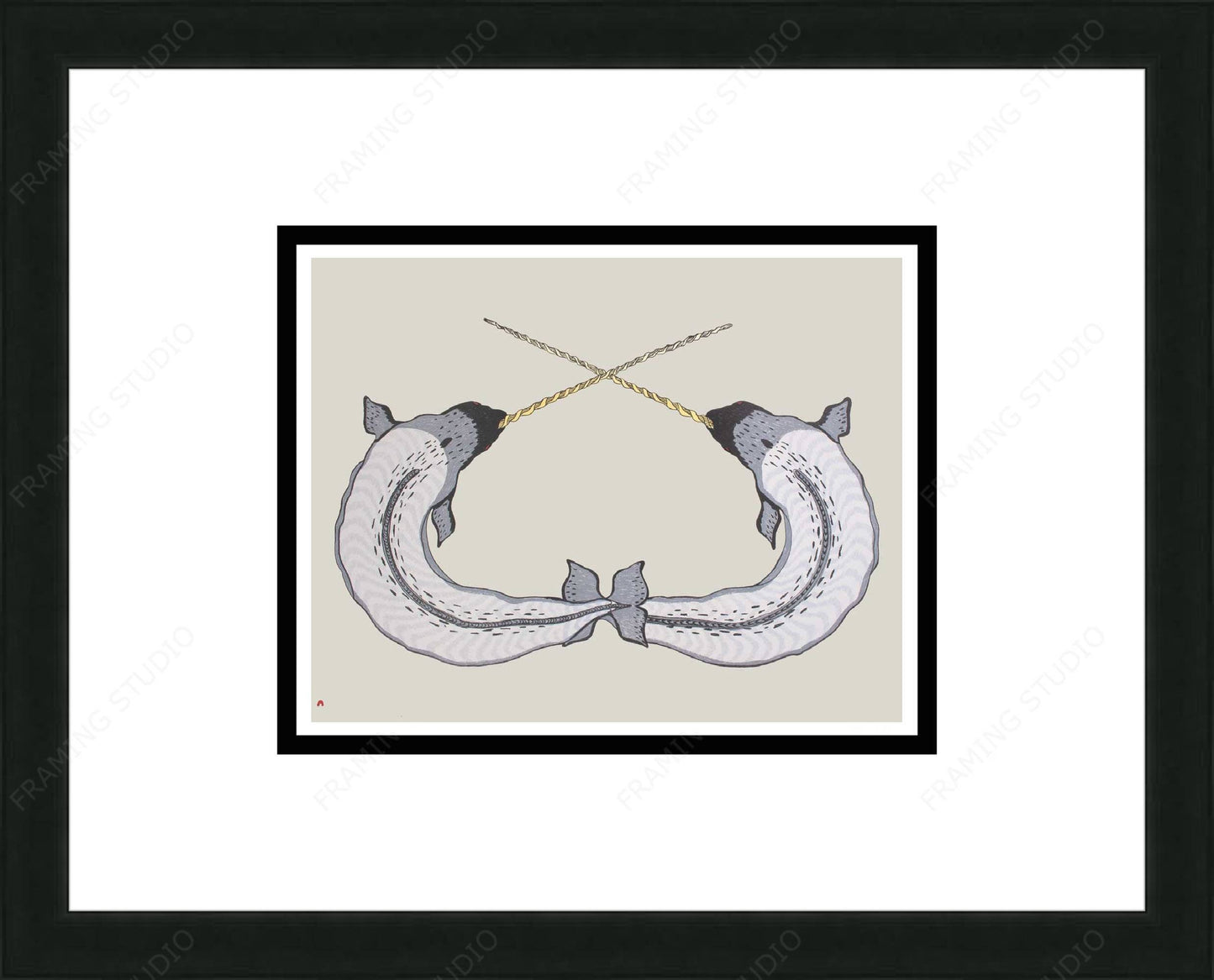 Sparring Narwhals by Quvianaqtuk Pudlat, Inuit Art Card, Framed Art Card