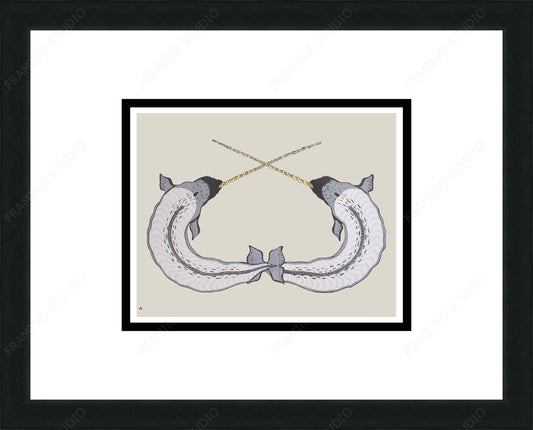 Sparring Narwhals by Quvianaqtuk Pudlat, Inuit Art Card, Framed Art Card