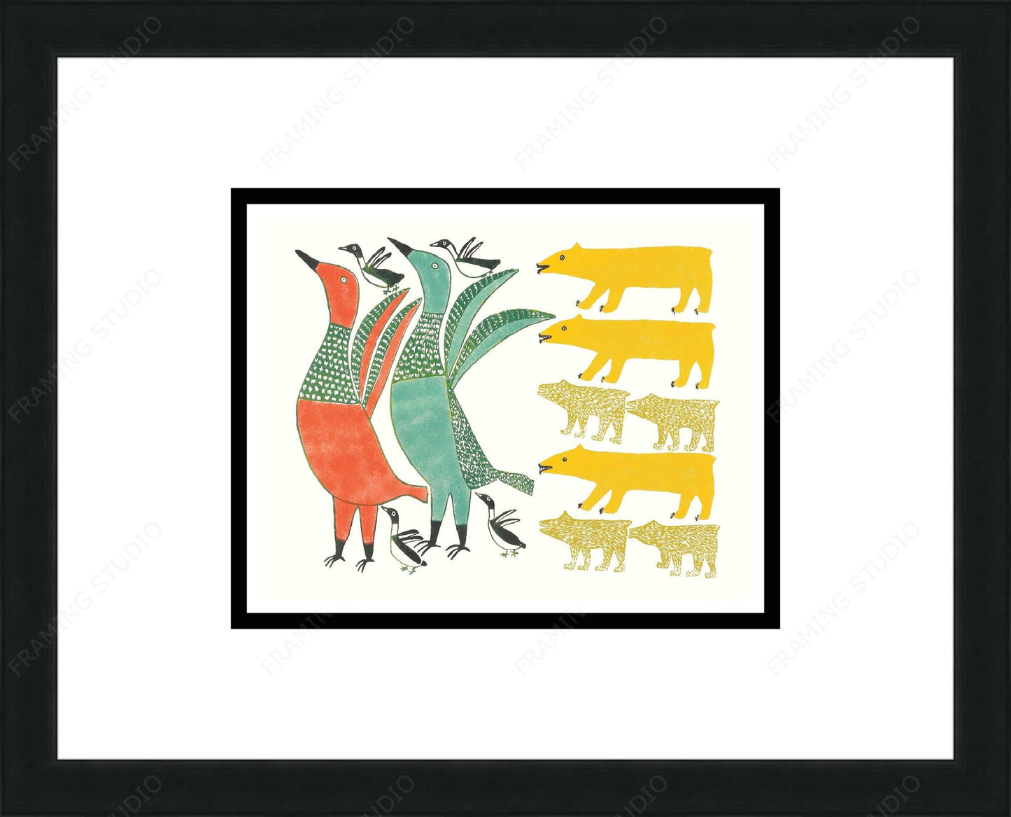 Birds Frightened By Bear, 1973 by Anna Kingwatsiak, Inuit Art Card, Framed Art Card