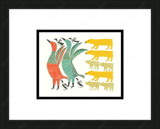 Birds Frightened By Bear, 1973 by Anna Kingwatsiak, Inuit Art Card, Framed Art Card
