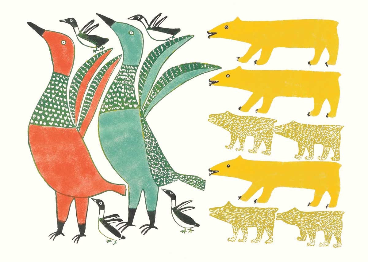 Birds Frightened By Bear, 1973 by Anna Kingwatsiak, Inuit Art Card, Framed Art Card