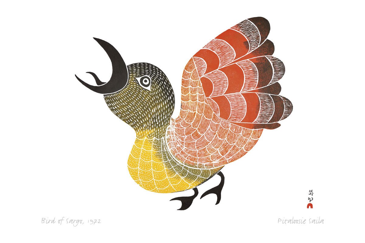 Bird Of Sargo, 1972 by Pitaloosie Saila,  Inuit Art Card, Framed Art Card