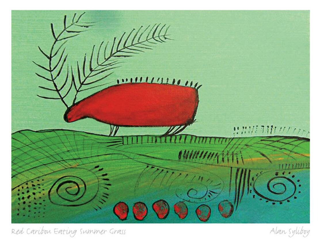 Red Caribou Eating Summer Grass by Alan Syliboy, Indigenous Art Card, Framed Art Card, Mi’kmaq Artist