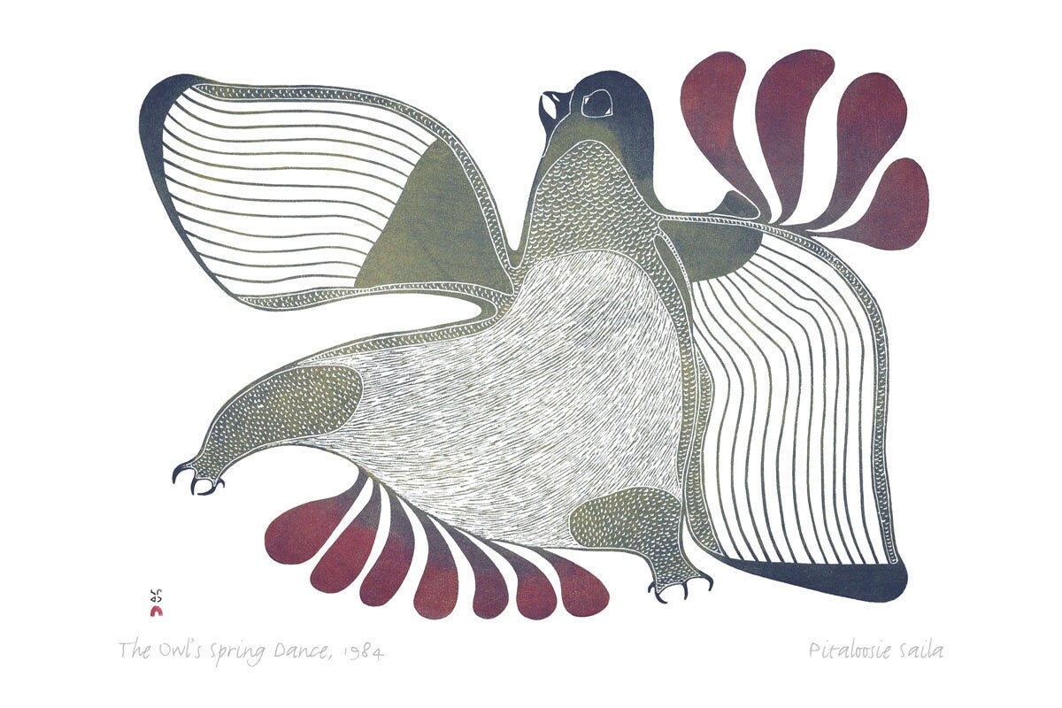 The Owl’s Spring Dance, 1984 by Pitaloosie Saila, Inuit Art Card, Framed Art Card