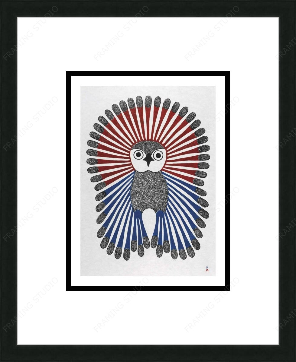 Vibrant Young Owl, 2001 by Kenojuak Ashevak, Indigenous Inuit Art Card, Aboriginal Decor, Framed Art Card