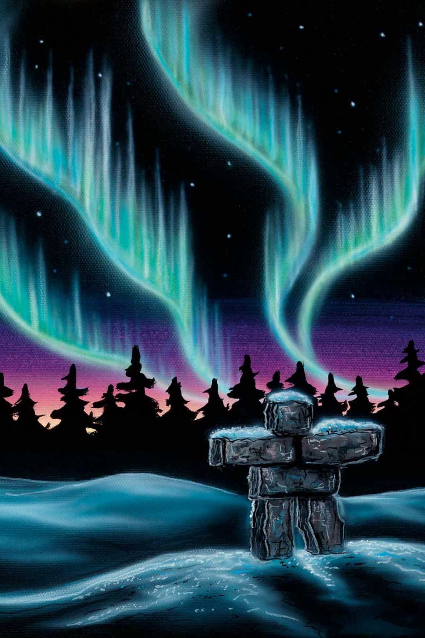 Sky Dance Inukshuk By Amy Keller-Rempp Indigenous Art Print, First Nations, Métis, Native Americans Decor, Northern Lights, Aurora Borealis