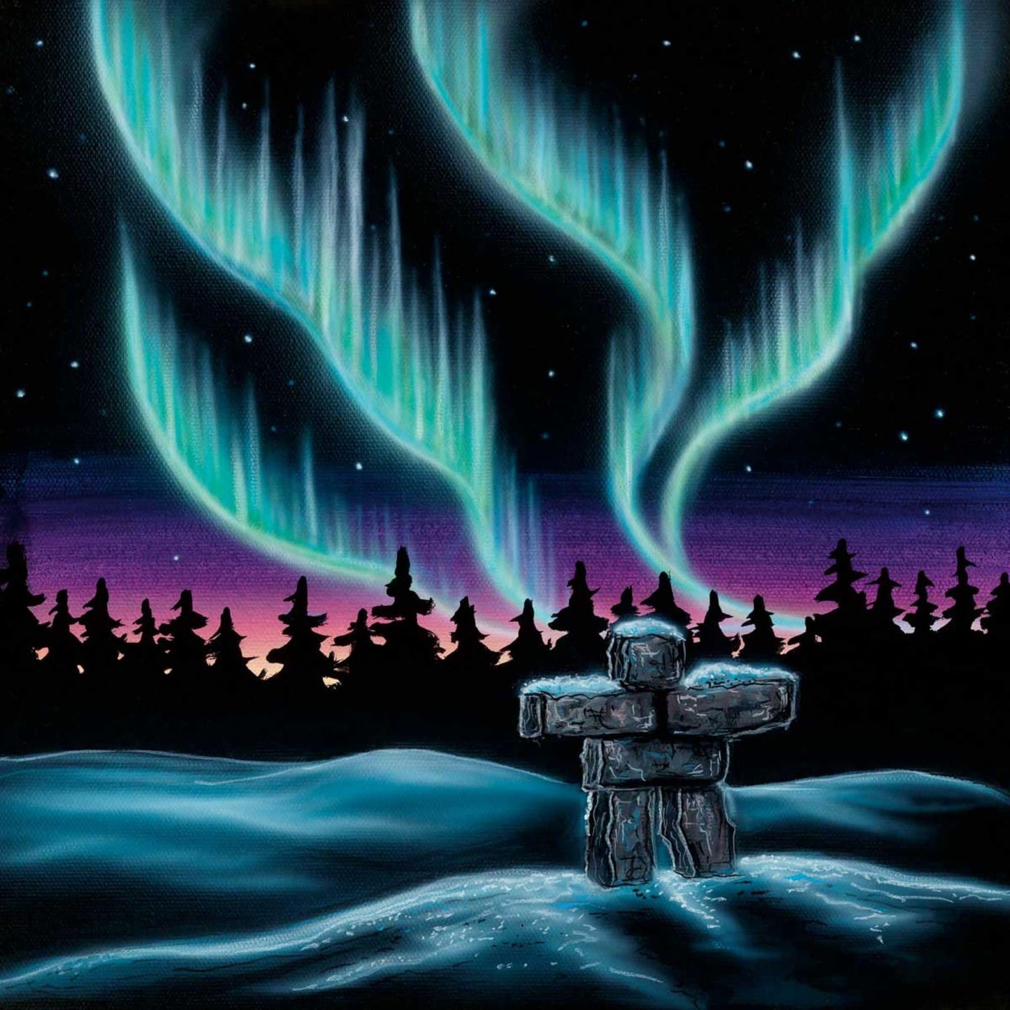 Sky Dance – Inukshuk By Amy Keller-Rempp Indigenous Art Print, First Nations, Native Americans, Northern Lights, Aurora Borealis