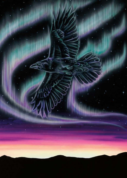 Sky Dance – Raven Over the Sky By Amy Keller-Rempp Indigenous Art Print, First Nations, Native Americans, Northern Lights, Aurora Borealis