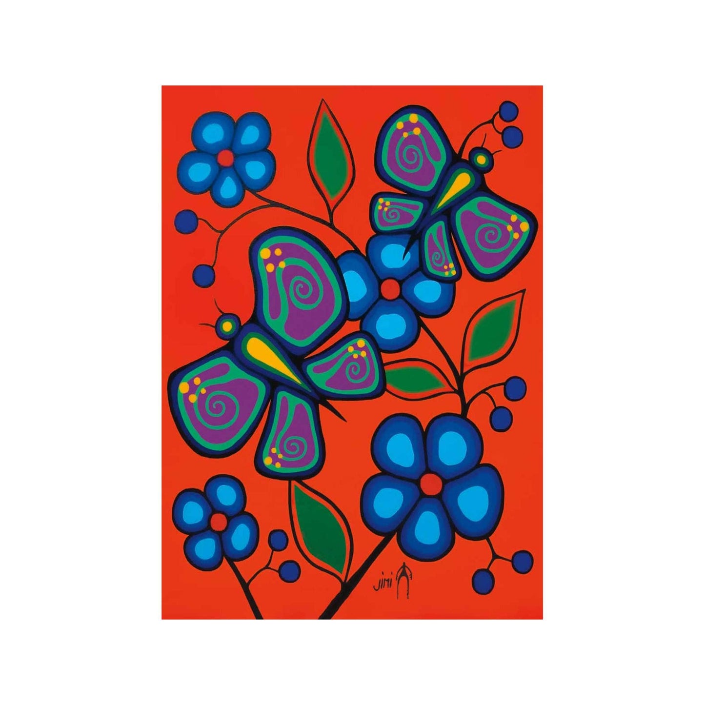 Butterflies And Flowers by Jim Oskineegish Indigenous Art Print, First Nations, Ahnisnabae Culture, Native American Indian Decor