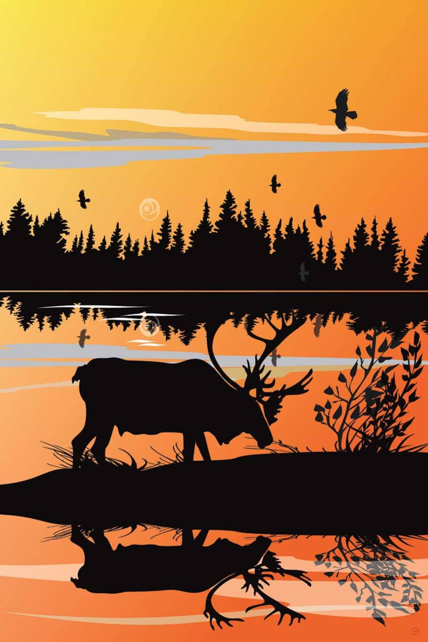 Caribou Sunset By Mark Preston, Indigenous Art Print, First Nations, Native Americans, Tlingit, Yukon Territory, Framed Art