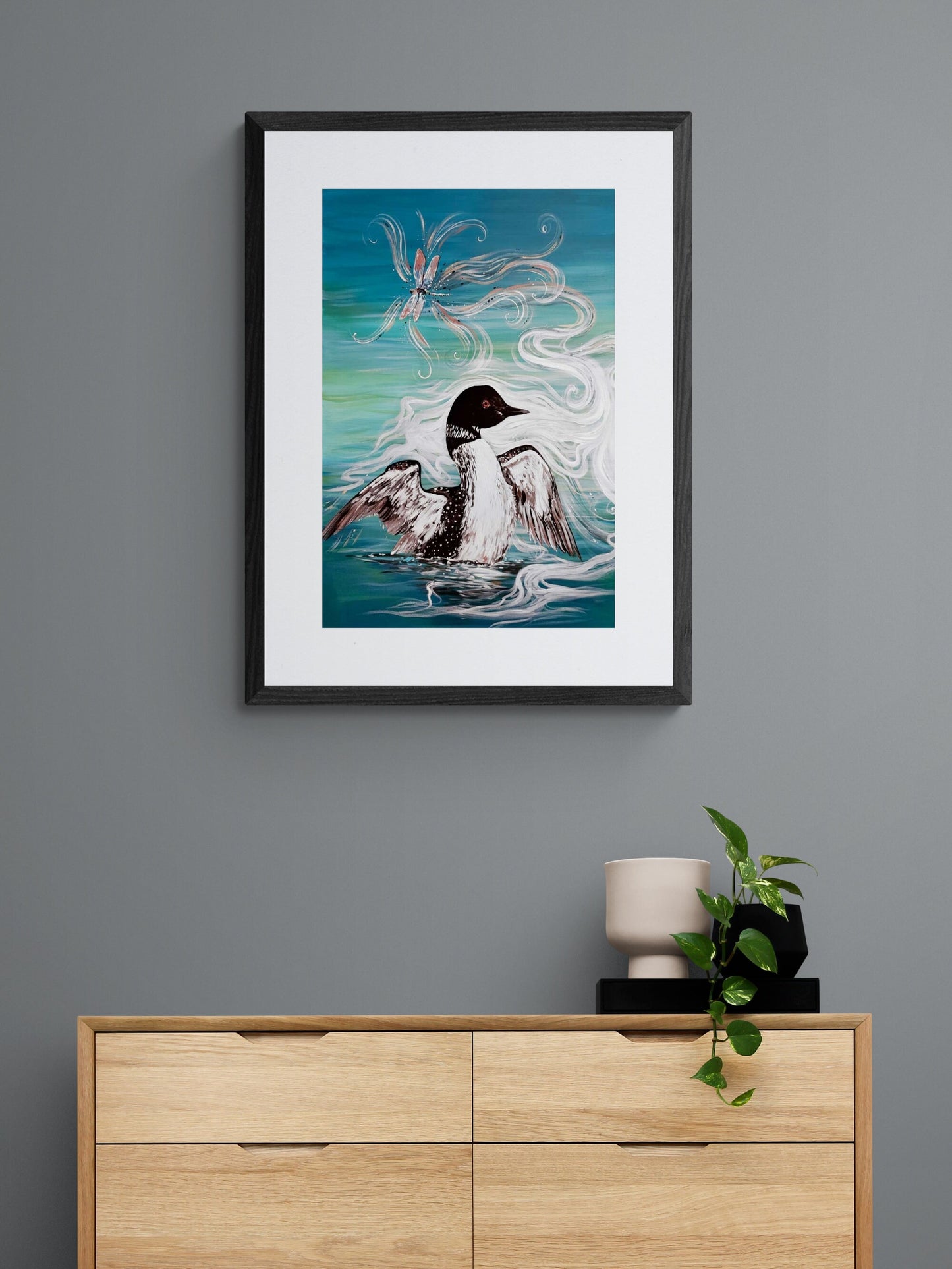 Loon With Dragonfly By Carla Joseph, Indigenous Art Print, First Nations, Native Americans, Cree, Métis, Framed Art