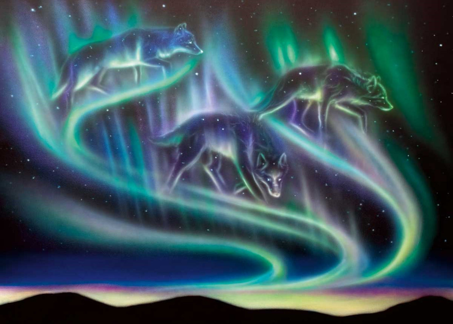 Nature By Amy Keller-Rempp Indigenous Art Print, Wolf, First Nations, Métis, Native Americans Decor, Northern Lights, Aurora Borealis