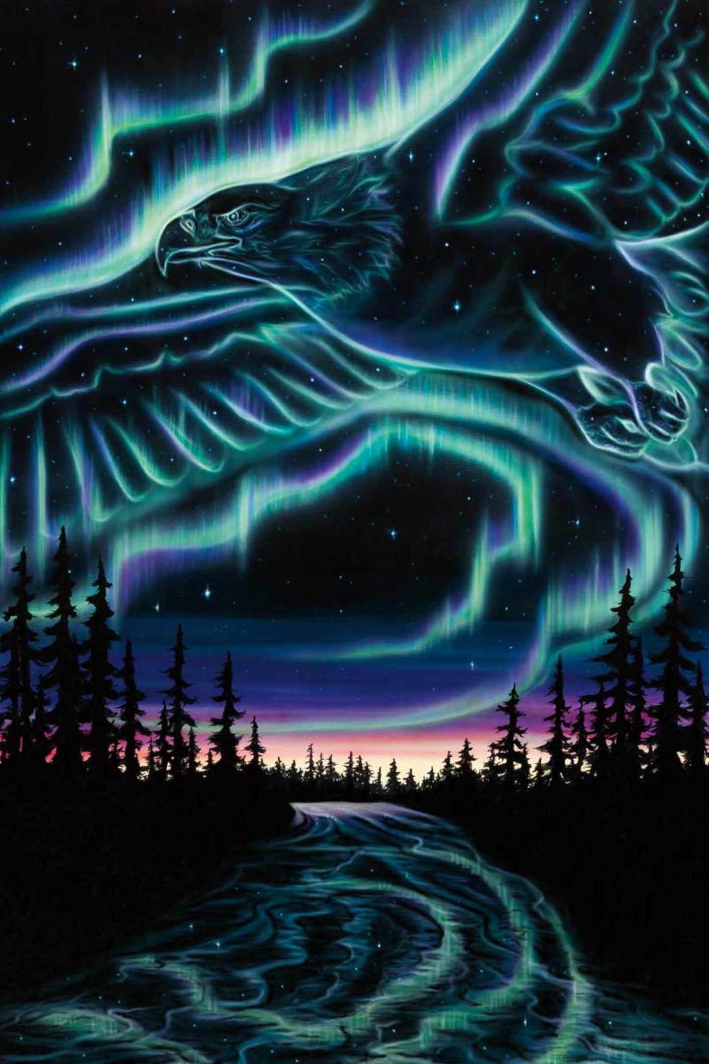 Sky Dance Eagle Over the Sky By Amy Keller-Rempp Indigenous Art Print, First Nations, Native Americans, Northern Lights, Aurora Borealis