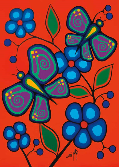 Butterflies And Flowers by Jim Oskineegish Indigenous Art Print, First Nations, Ahnisnabae Culture, Native American Indian Decor