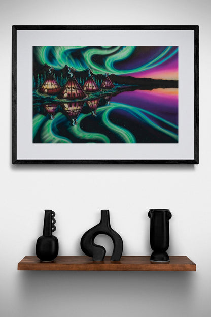 Sky Dance Reflections By Amy Keller-Rempp Indigenous Art Print, First Nations, Native Americans Decor, Northern Lights, Aurora Borealis