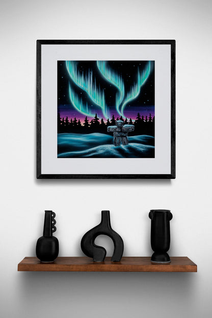 Sky Dance – Inukshuk By Amy Keller-Rempp Indigenous Art Print, First Nations, Native Americans, Northern Lights, Aurora Borealis