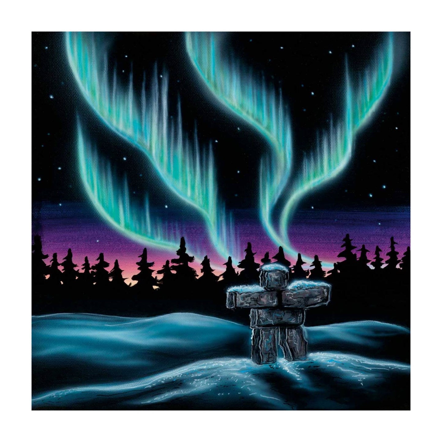 Sky Dance – Inukshuk By Amy Keller-Rempp Indigenous Art Print, First Nations, Native Americans, Northern Lights, Aurora Borealis