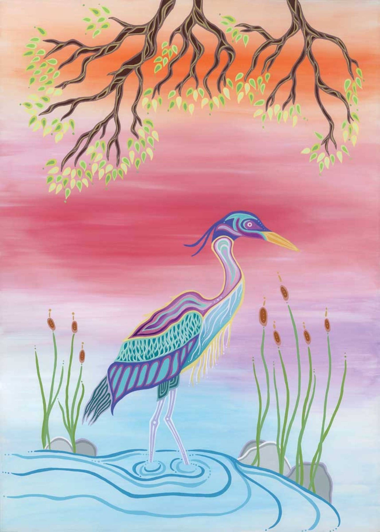 Blue Heron By Patrick Hunter Indigenous Art Print, First Nations, Ojibway, Native Americans Indian Decor, Framed Art