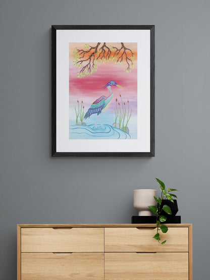 Blue Heron By Patrick Hunter Indigenous Art Print, First Nations, Ojibway, Native Americans Indian Decor, Framed Art