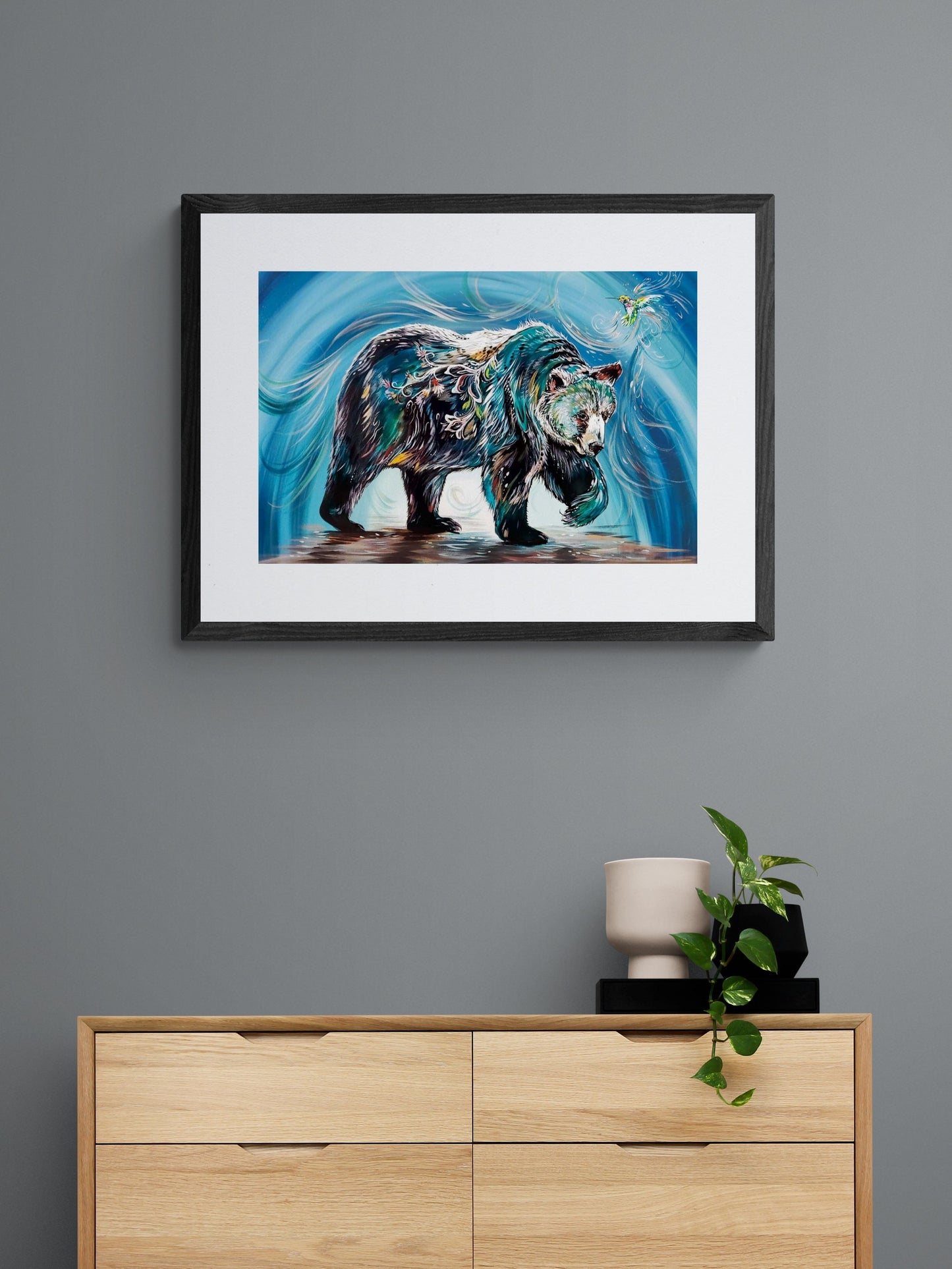 Bear With Hummingbird By Carla Joseph, Indigenous Art Print, First Nations, Native Americans, Cree, Métis, Framed Art