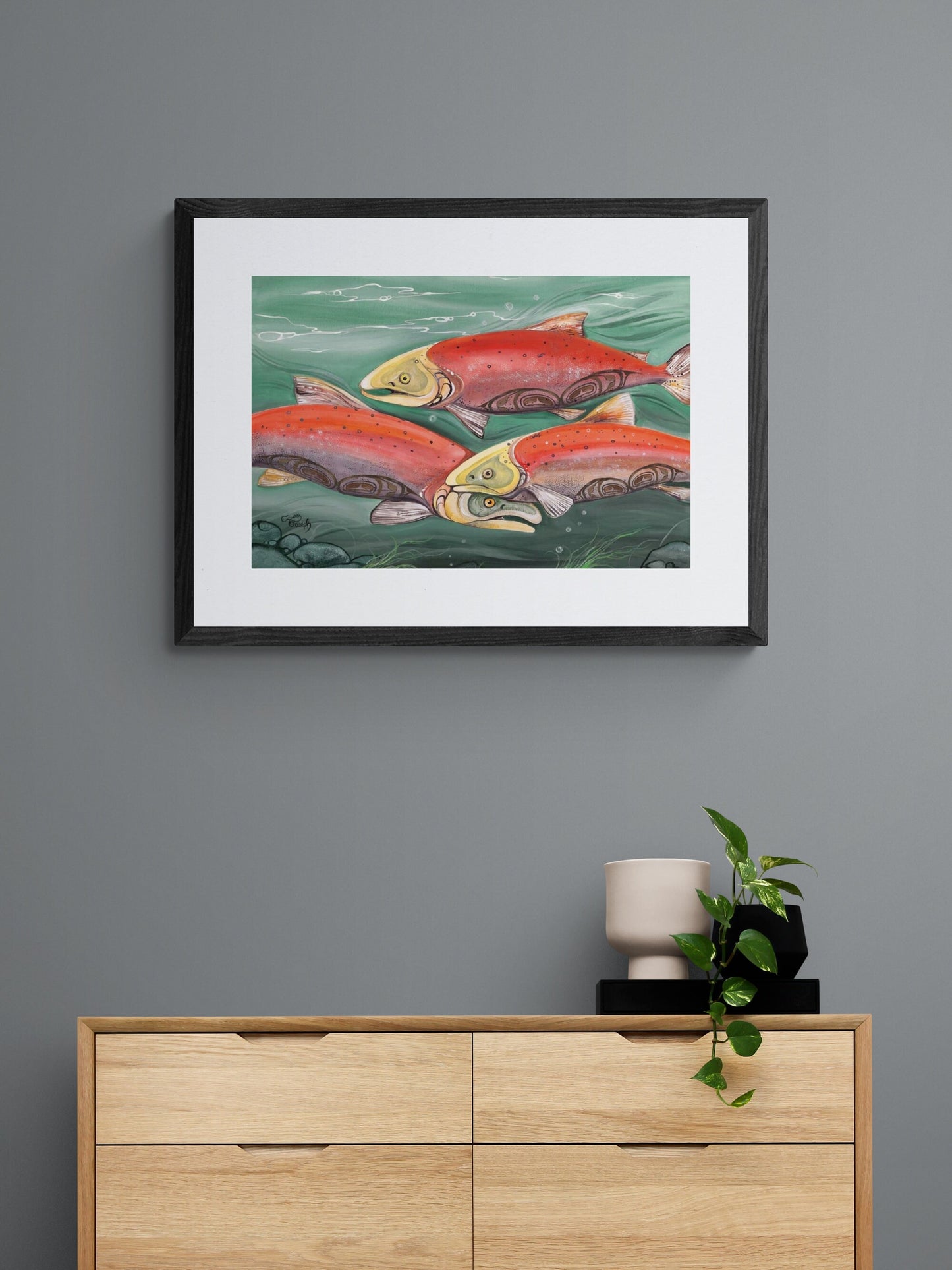 Salmon Run By Carla Joseph, Indigenous Art Print, First Nations, Native Americans, Cree, Métis, Framed Art