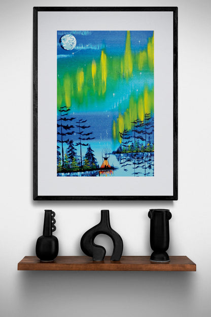 Northern Lights By William Monague, Indigenous Art Print, First Nations, Ojibway, Native Americans Indian Decor, Framed Art