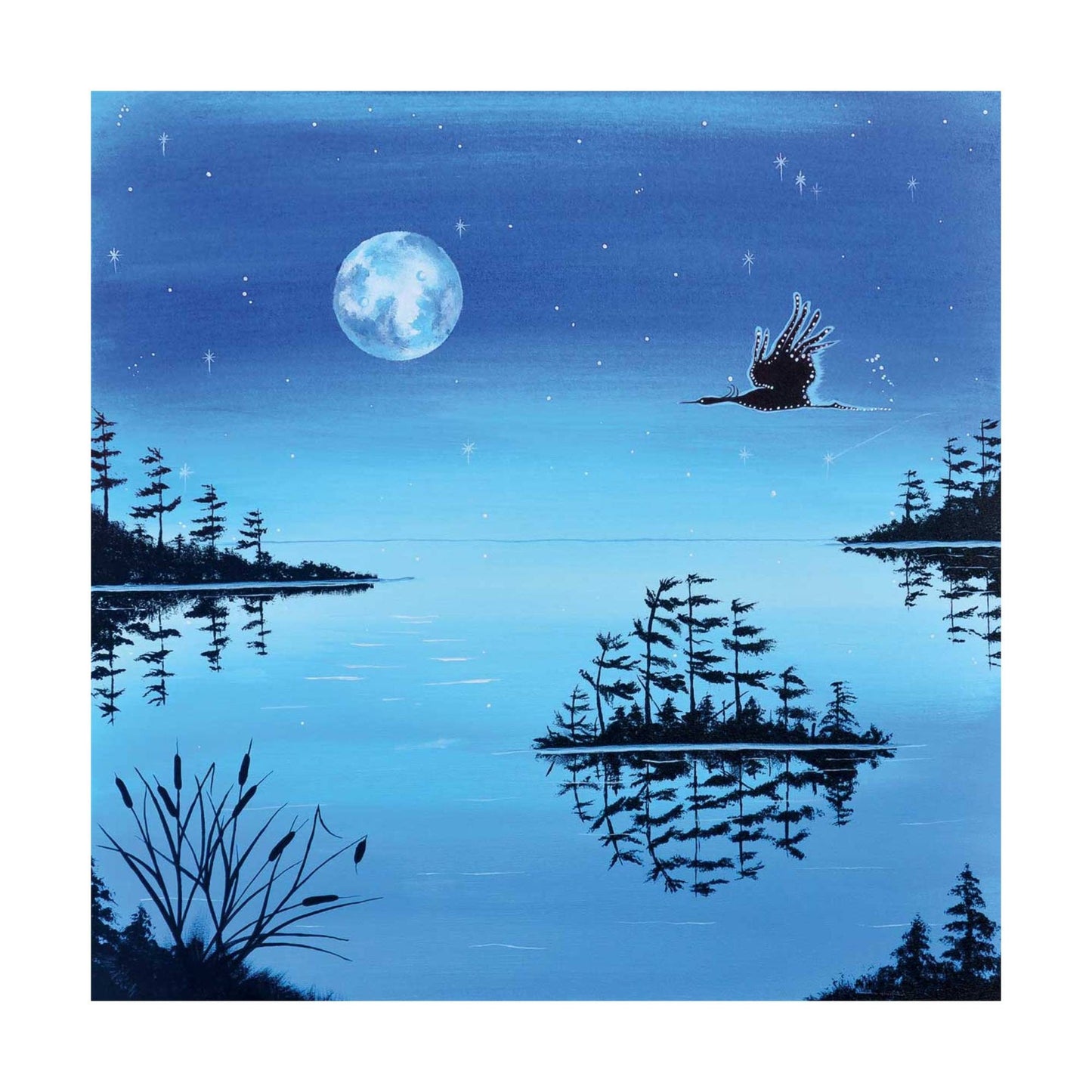 Night Flight – Blue Heron By William Monague, Indigenous Art Print, First Nations, Ojibway, Native Americans Indian Decor, Framed