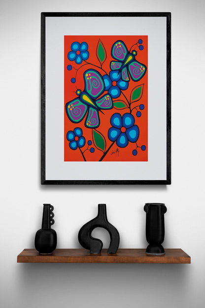 Butterflies And Flowers by Jim Oskineegish Indigenous Art Print, First Nations, Ahnisnabae Culture, Native American Indian Decor